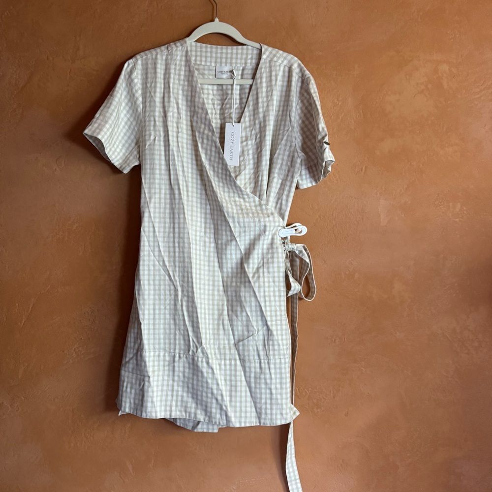 Cozy Earth Lived In Linen Wrap Dress Sunkissed Gingham XS NWT